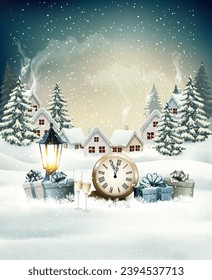 New Year and Christmas background with lantern and colorful gift boxes, vintage clock and glasses of champagne and snowy winter village. Vector