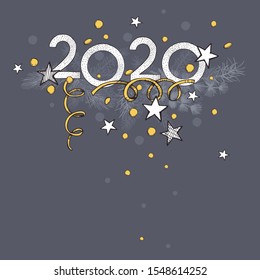 New Year and Christmas background with numbers 2020. Vector  sketch illustration