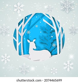 New year and Christmas background with paper silhouette of deer and tree. Vector illustration.