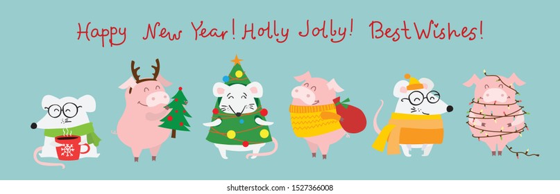New year and Christmas background with pig and rat - symbol of the year. Simple illustration for the greeting cards.