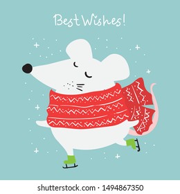 New year and Christmas background with rat - symbol of the year. Simple illustration for the greeting card