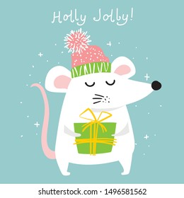 New year and Christmas background with rat - symbol of the year. Simple illustration for the greeting card