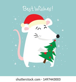 New year and Christmas background with rat - symbol of the year. Simple illustration for the greeting card