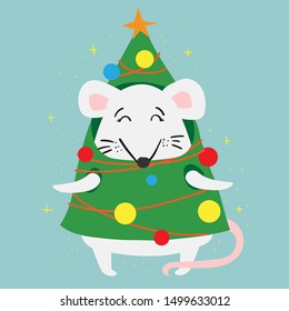 New year and Christmas background with rat - symbol of the year. Simple illustration for the greeting card