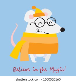 New year and Christmas background with rat - symbol of the year. Simple illustration for the greeting card with holiday text Believe in the magic