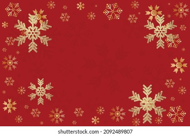 New Year and Christmas background. Red gradient background with gold snowflakes and stars. Vector illustration