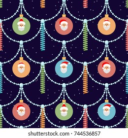 New year or Christmas background. Seamless pattern with beads, streamers and Christmas balls with Santa Claus. Vector 