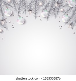 New year and Christmas background with silver branches, transparent and silver baubles, stars, metallic confetti. Vector