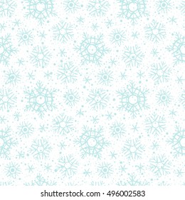 New Year, Christmas background. Snowflakes winter seamless pattern. Brush or chalk drawn - uneven edges. Snow crystals of different size with tiny spots, dots, specks, flecks, flakes, splash texture.