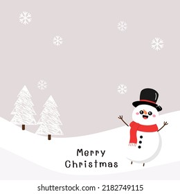 New year and Christmas background with snowman, pine tree and snowflakes on night sky background vector illustration.