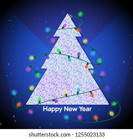 New Year and Christmas background with Christmas tree and lights garlands. Vector illustration.