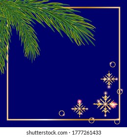 New Year or Christmas background with Christmas tree sprigs and shiny snowflakes. Background with frame for your text and design