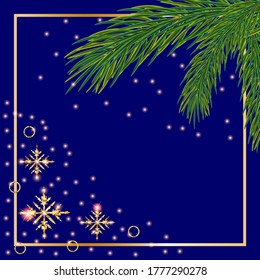 New Year or Christmas background with Christmas tree sprigs and shiny snowflakes. Background with frame for your text and design
