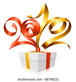 New Year and Christmas background with vector gift box, golden and red ribbon