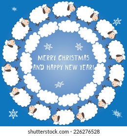 New Year and Christmas background. white sheep and cloud on the sky.  Vector illustration. 