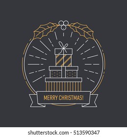 New Year and Christmas badge with gift boxes. Thin lines. Template for card or invitation. Vector.