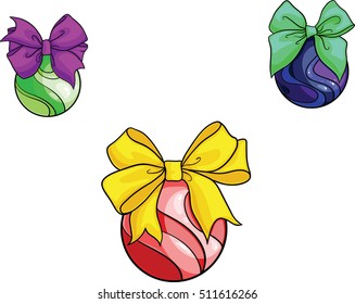 New Year  Christmas ball. Toys with bow and ribbon. 