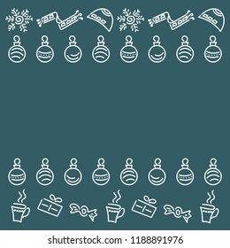 New Year, Christmas. Christmas balls, gifts, candy, hot tea, scarf, snowflakes. Template design cards, invitations. Hand drawn vector illustration.