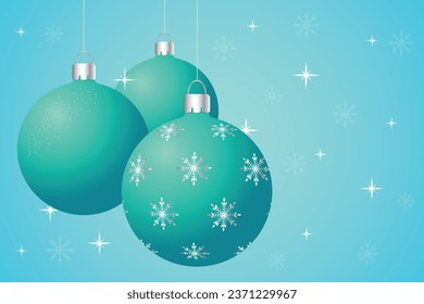  New Year and Christmas balls of turquoise color with silver snowflakes and sparkles. Festive design for cards, banners, posters, posters for Christmas and New Year.