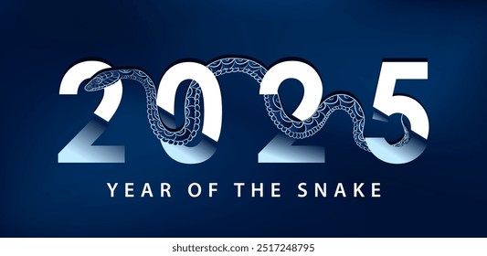 New Year, Christmas banner with cyan silver linear snake elegantly weaves through the sliced 2025 typography on dark red background. Luxury Greeting card with snake as Chinese horoscope sign