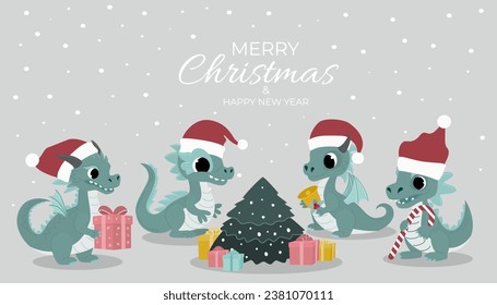 New Year and Christmas banner. Dragons in Santa Claus hats around the New Year tree with gifts. Vector illustration.