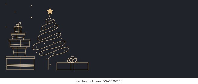 New Year and Christmas Banner with Fir Tree and Presents. Line Art Clipart for Greeting Card with Space for Text. 