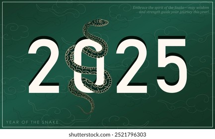 Ano Novo, banner de Natal com cobra linear dourada elegantemente tece através da tipografia "2025" ousada, emoldurada por nuvens asiáticas em fundo verde. Cartão comemorativo com cobra como signo do horóscopo chinês