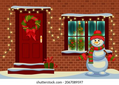 New Year, Christmas banner, postcard. The facade of the house. Window and door decorated with a garland. Funny snowman. Vector graphics.