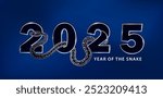 New Year, Christmas banner with silver linear snake elegantly weaves through the bold glossy "2025" typography on dark blue background. Luxury Greeting card with snake as Chinese horoscope sign