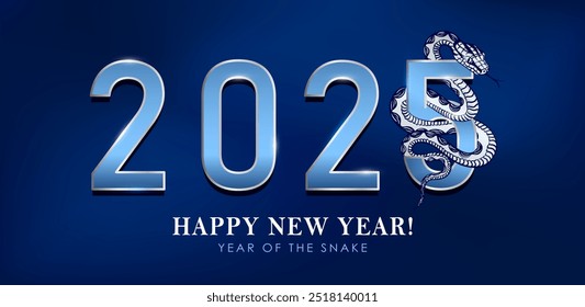 New Year, Christmas banner with silver linear snake elegantly weaves through the cyan glossy 2025 typography on dark blue background. Luxury Greeting card with snake as Chinese horoscope sign