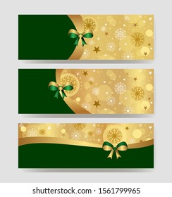 New Year or Christmas banner with space for copy space, background of two colors green and golden, ribbon with bow, decorated with snowflakes, eps 10