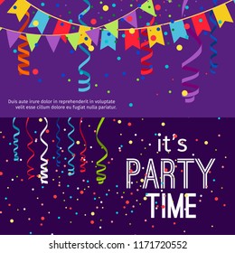 New Year and Christmas banners with colorful conffetti, vector illustration