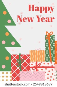 New Year Christmas Birthday greeting cards with gift boxes and Christmas tree. Winter holiday design for greeting card, invitation discount voucher, advertising