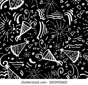 New Year, Christmas, Birthday party or any celebration concept vector seamless pattern Doodle style party texture Wallpaper wrapping paper background, card or banner template or textile prints or else