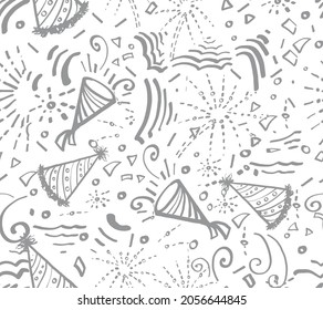 New Year, Christmas, Birthday party or any celebration concept vector seamless pattern Doodle style party texture Wallpaper wrapping paper background, card or banner template or textile prints or else