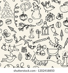 New Year, Christmas black and white seamless pattern. Vector illustration hand drawn retro style. Outline traditional Christmas elements: snowman, Christmas gift, Christmas balls, deer, garland, candy