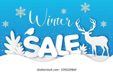 New year and Christmas blue background with paper silhouette of deer and fir tree. Design for winter seasonal sale. Vector illustration.