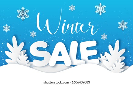 New year and Christmas blue background with paper silhouettes of white fir tree. Design for winter seasonal sale. Vector illustration.