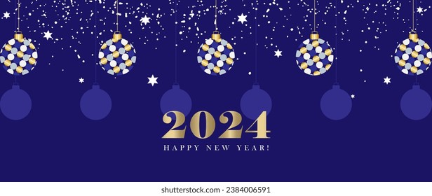 New Year and Christmas blue banner, poster, card, background. Vector background with golden Christmas balls, snow and text. 2024 New Year.