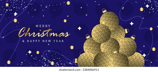 New Year and Christmas blue banner, poster, card, background. Vector background with golden Christmas balls, snow and text. 2024 New Year.