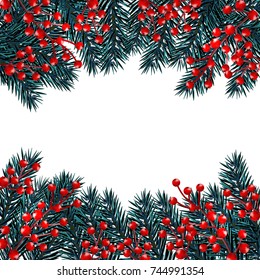 New Year Christmas. A blue branch was eaten at the top and bottom with red berries on a white background. Isolated Vector Illustration