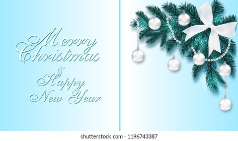 New Year. Christmas. Blue Christmas tree branch with toys with shadow. Corner drawing. Greeting inscription. Vector illustration