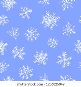 New Year And Christmas - blue and white seamless pattern with hand-drawn snowflakes