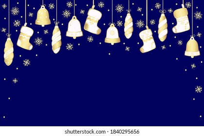 Año Nuevo, frontera navideña hecha de caricaturas de las vacaciones de invierno. Ilustración vectorial aislada en fondo azul. Gradiente dorado.