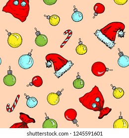 New Year And Christmas - bright seamless pattern with Christmas decoration and hats
