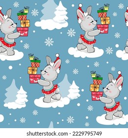New Year and Christmas bunny with gifts seamless pattern. Vector cartoon illustration. Chinese symbol 2023 new year