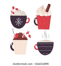 New year christmas cacao and coffee collection. Happy new year card decoration. Cacao sweet drink. Vector cacao sweet dessert. Chocolate design. Cocoa set.