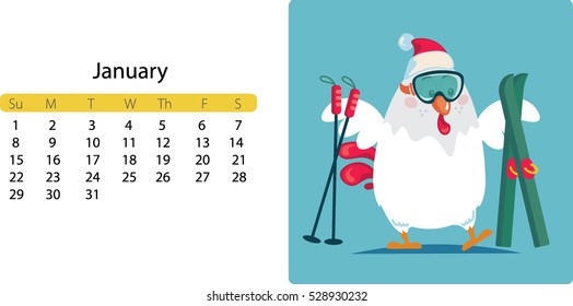 New year and Christmas calendar card poster banner. Vector illustration.Cute cartoon rooster with ski.