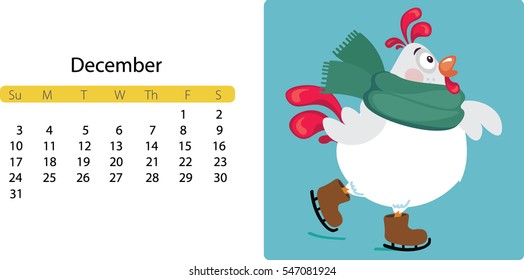 New year and Christmas calendar card poster banner. Vector illustration.Cute cartoon rooster.