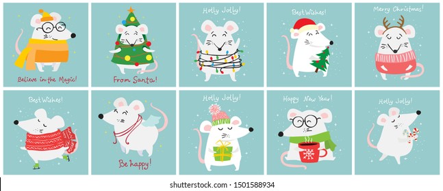 New year and Christmas card backgrounds with rat - symbol of the year. Simple illustration for the greeting card